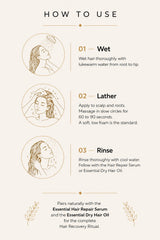 MERAKKEE Essential Hair Deep Cleansing Shampoo — step-by-step how to use guide — 2 pumps scalp massage rinse routine
