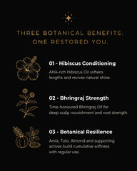 MERAKKEE Essential Dry Hair Oil — 3 key benefits infographic — nourish strengthen restore hair