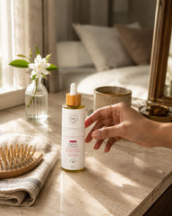 MERAKKEE Essential Dry Hair Oil — scalp oil ritual lifestyle shot — Restore & Repair premium India UAE