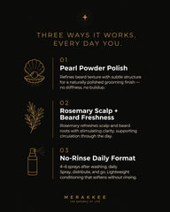 MERAKKEE Hair & Beard Leave-On Spray for Men — 3 key benefits infographic — condition style protect hair and beard