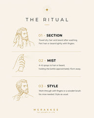 MERAKKEE Hair & Beard Leave-On Spray for Men — step-by-step how to use spray guide — mist through hair and beard
