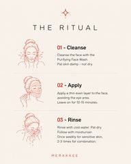 MERAKKEE Purifying Clay Facial Mask — step-by-step how to use guide — apply 15 mins wait rinse routine