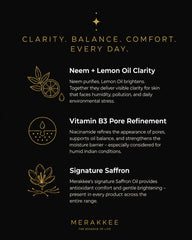 MERAKKEE Purifying Face Wash — 3 key benefits infographic — deep cleanse brighten purify