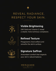 MERAKKEE Radiance 24K Face Wash — 3 key benefits infographic — cleanse brighten radiate