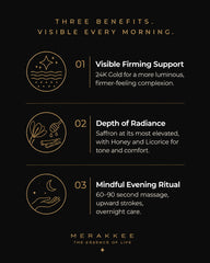 MERAKKEE Radiance 24K Gel Cream — 3 key benefits infographic — hydrate brighten firm skin