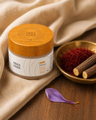 MERAKKEE Radiance Gel Cream — Saffron and Licorice hero ingredients close-up — Essence of Radiance luxury India