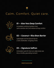 MERAKKEE Soothing Body Lotion — 3 key benefits infographic — hydrate soothe soften skin